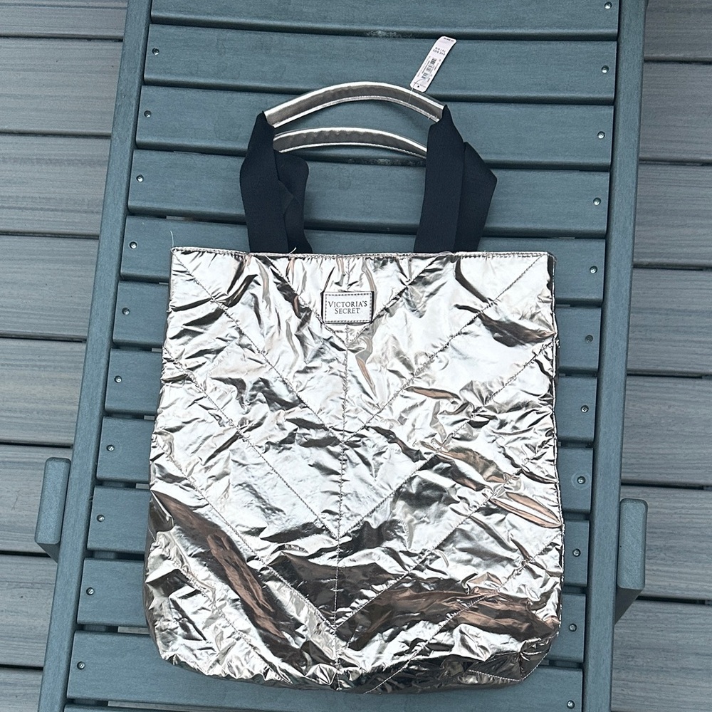 Victoria's Secret Metallic Rose gold  Tote with Black Handles